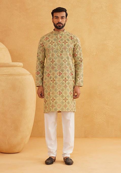Green Ethnic Motifs Cotton Kurta Set For Men