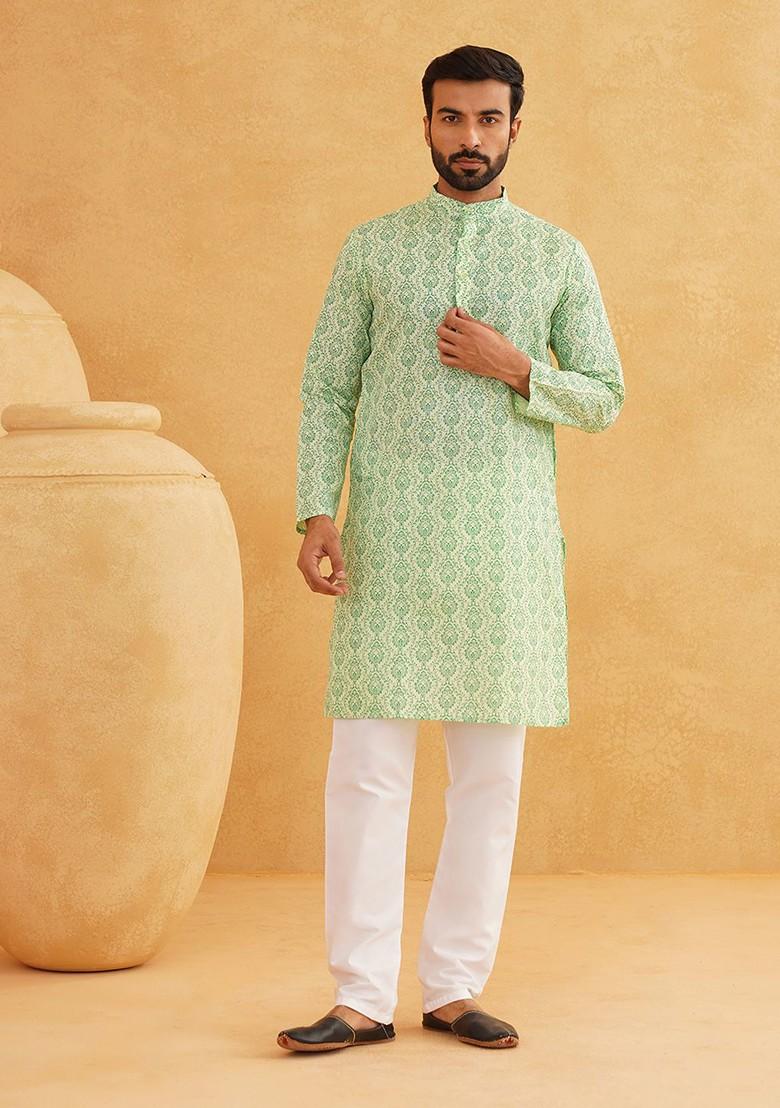 Green Ethnic Motifs Cotton Kurta Set For Men