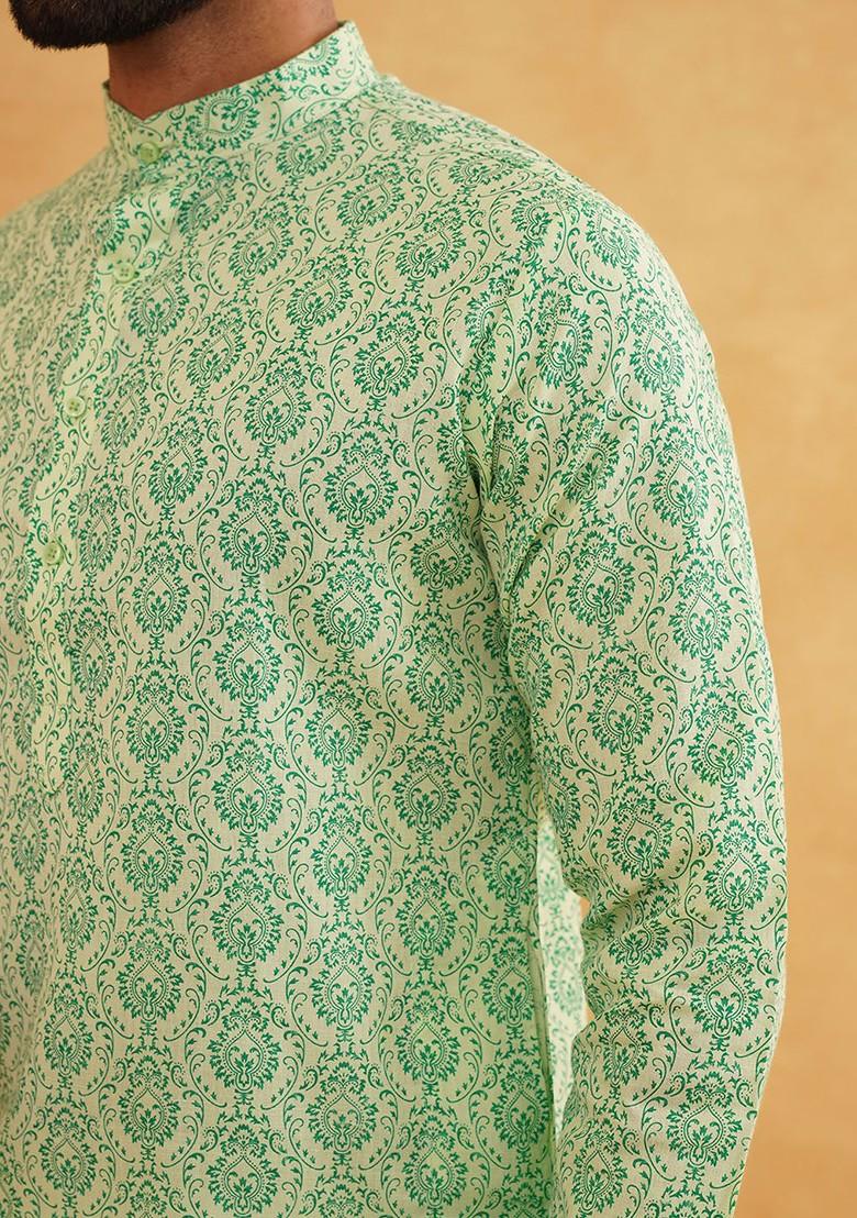 Green Ethnic Motifs Cotton Kurta Set For Men