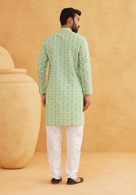 Green Ethnic Motifs Cotton Kurta Set For Men