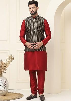 Maroon Woven Cotton Kurta Set For Men