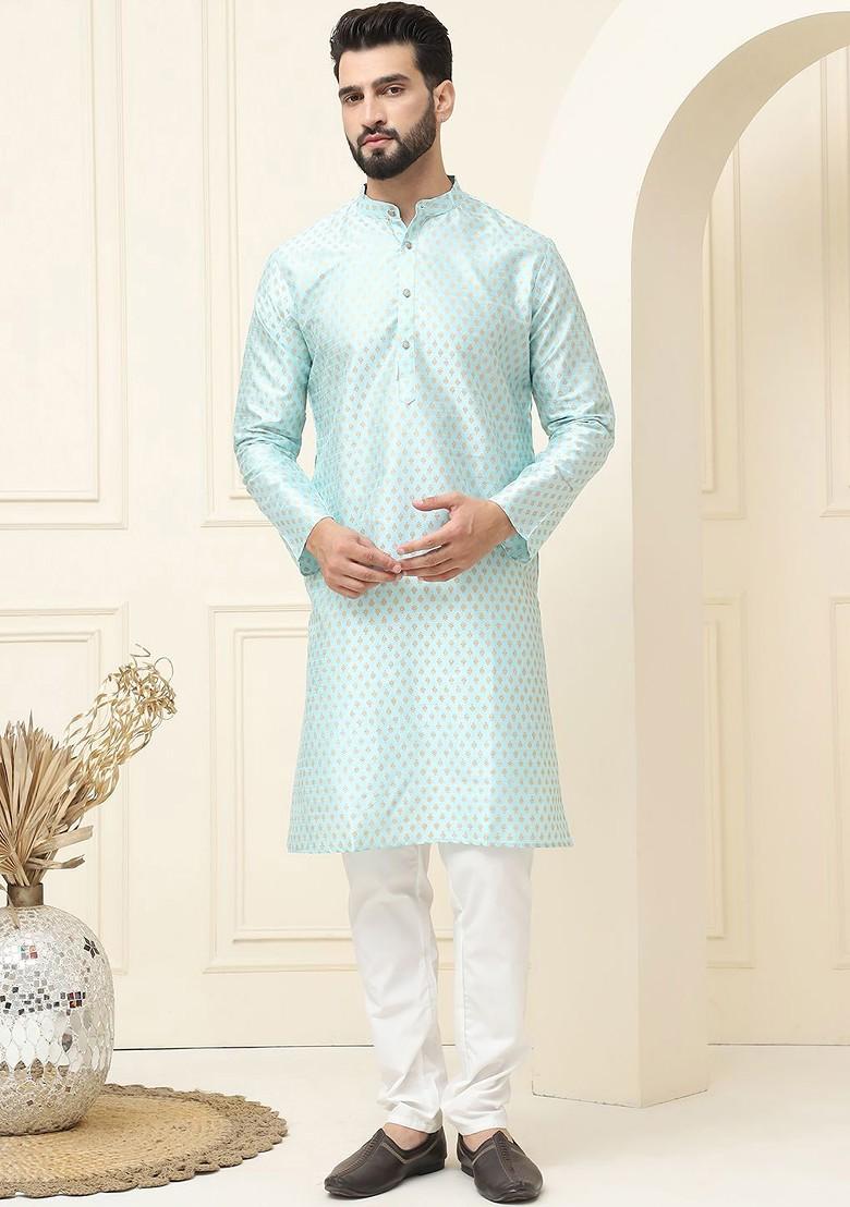 Blue Ethnic Motifs Cotton Kurta Set For Men