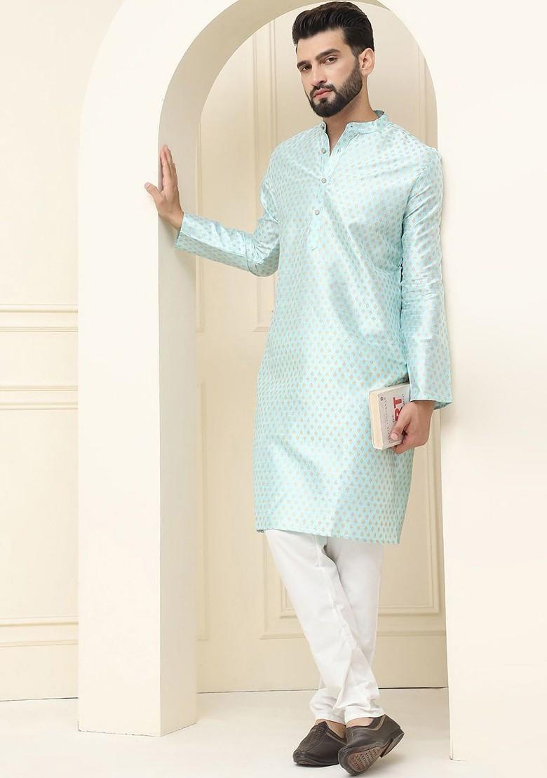 Blue Ethnic Motifs Cotton Kurta Set For Men