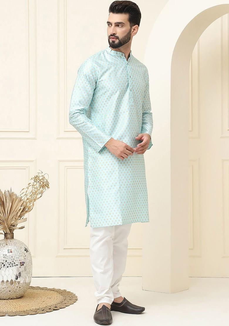 Blue Ethnic Motifs Cotton Kurta Set For Men