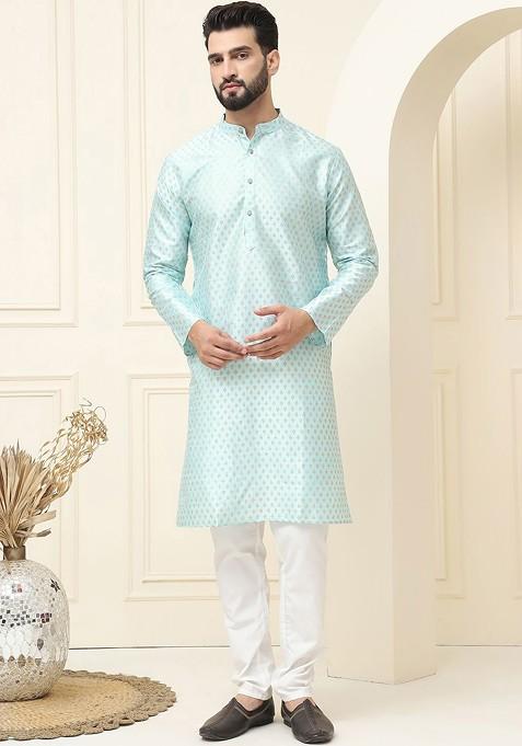 Blue Ethnic Motifs Cotton Kurta Set For Men