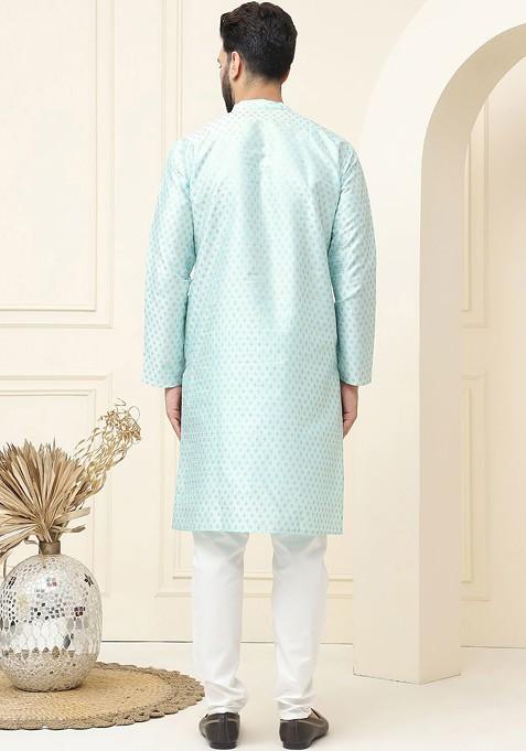 Blue Ethnic Motifs Cotton Kurta Set For Men