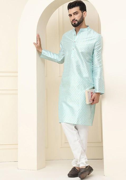Blue Ethnic Motifs Cotton Kurta Set For Men
