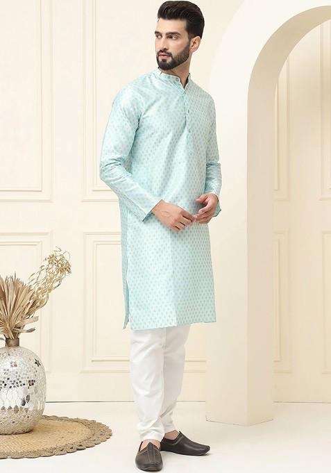 Blue Ethnic Motifs Cotton Kurta Set For Men