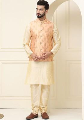 Cream Woven Cotton Kurta Set For Men