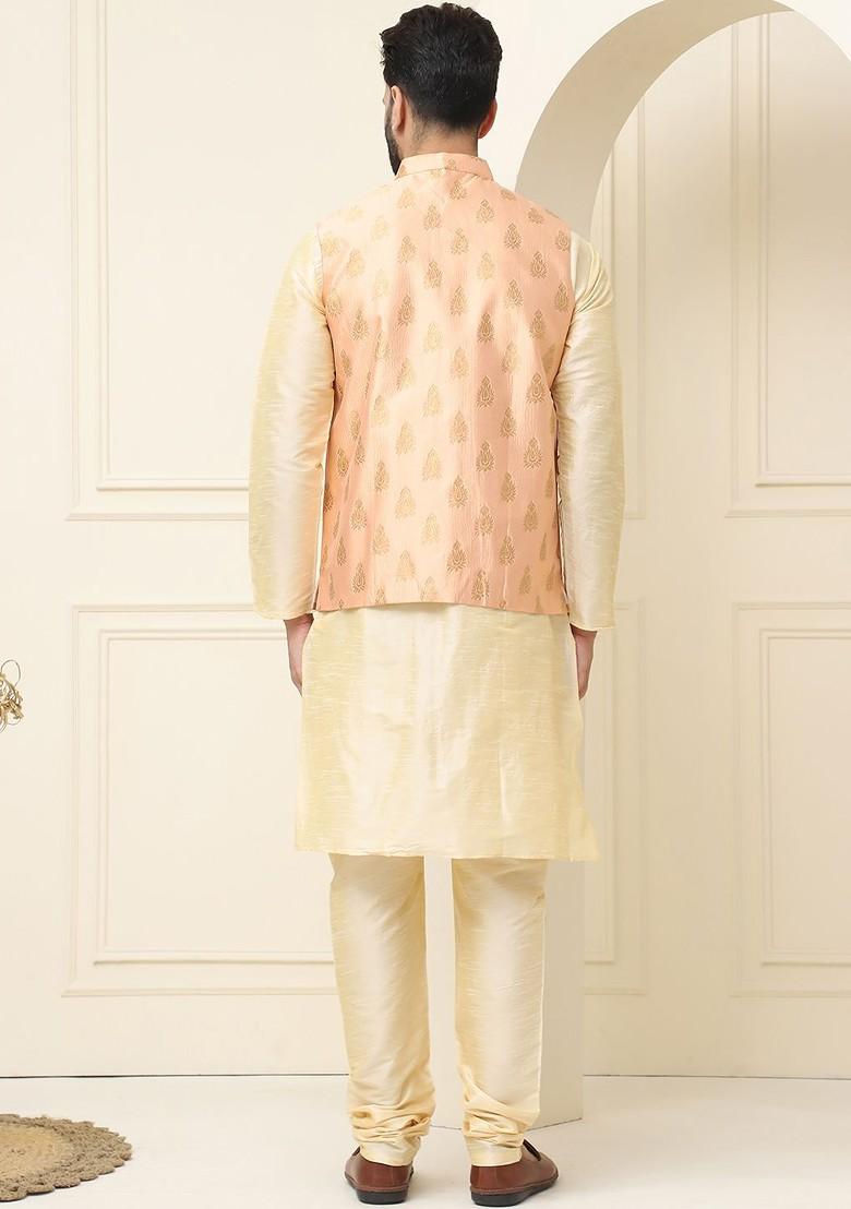 Cream Woven Cotton Kurta Set For Men