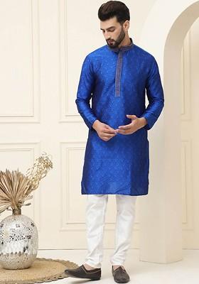 Blue Woven Cotton Kurta Set For Men