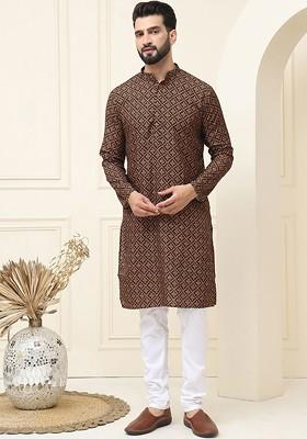 Mustard Ethnic Motifs Cotton Kurta Set For Men