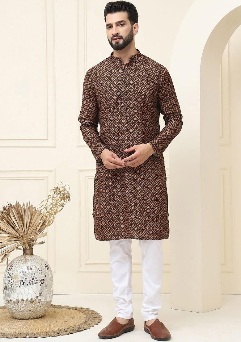 Mustard Ethnic Motifs Cotton Kurta Set For Men