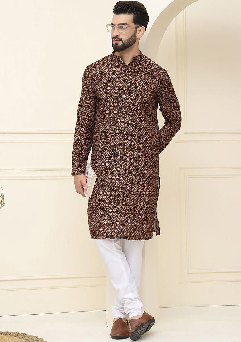 Mustard Ethnic Motifs Cotton Kurta Set For Men