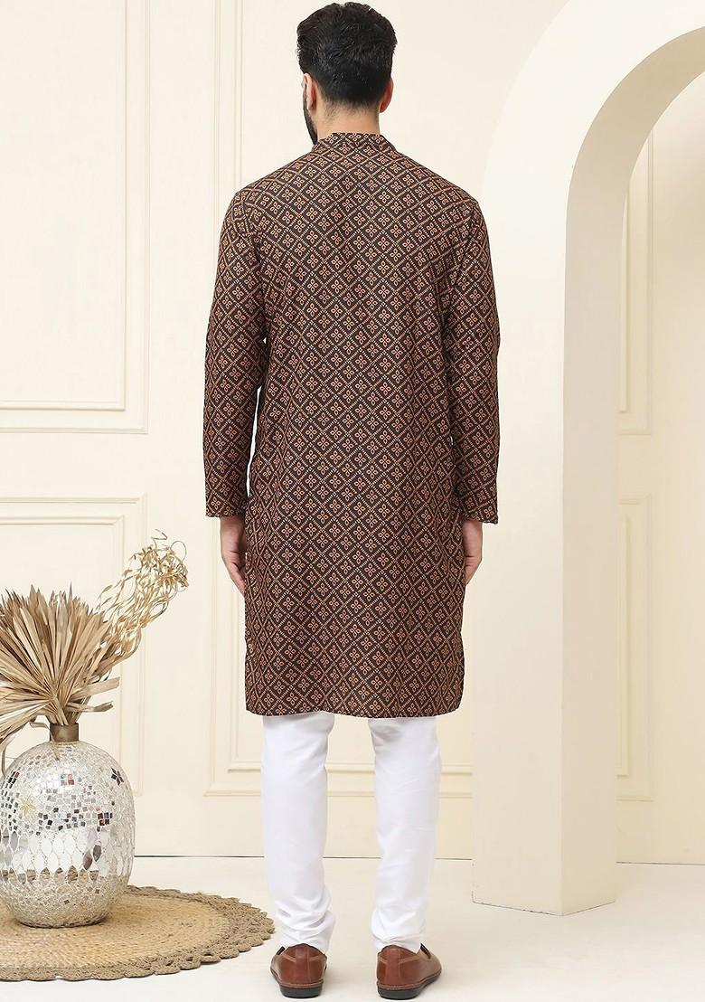 Mustard Ethnic Motifs Cotton Kurta Set For Men
