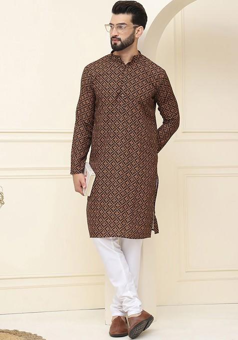 Mustard Ethnic Motifs Cotton Kurta Set For Men