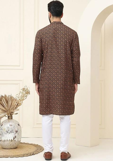 Mustard Ethnic Motifs Cotton Kurta Set For Men