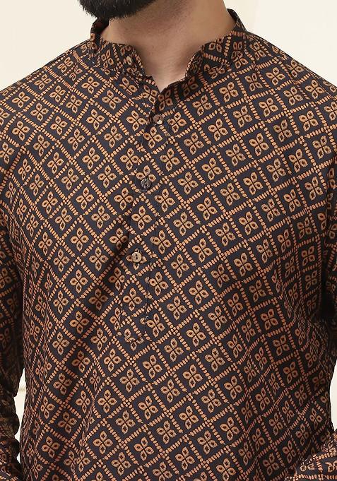 Mustard Ethnic Motifs Cotton Kurta Set For Men