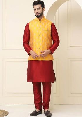 Maroon Woven Cotton Kurta Set For Men