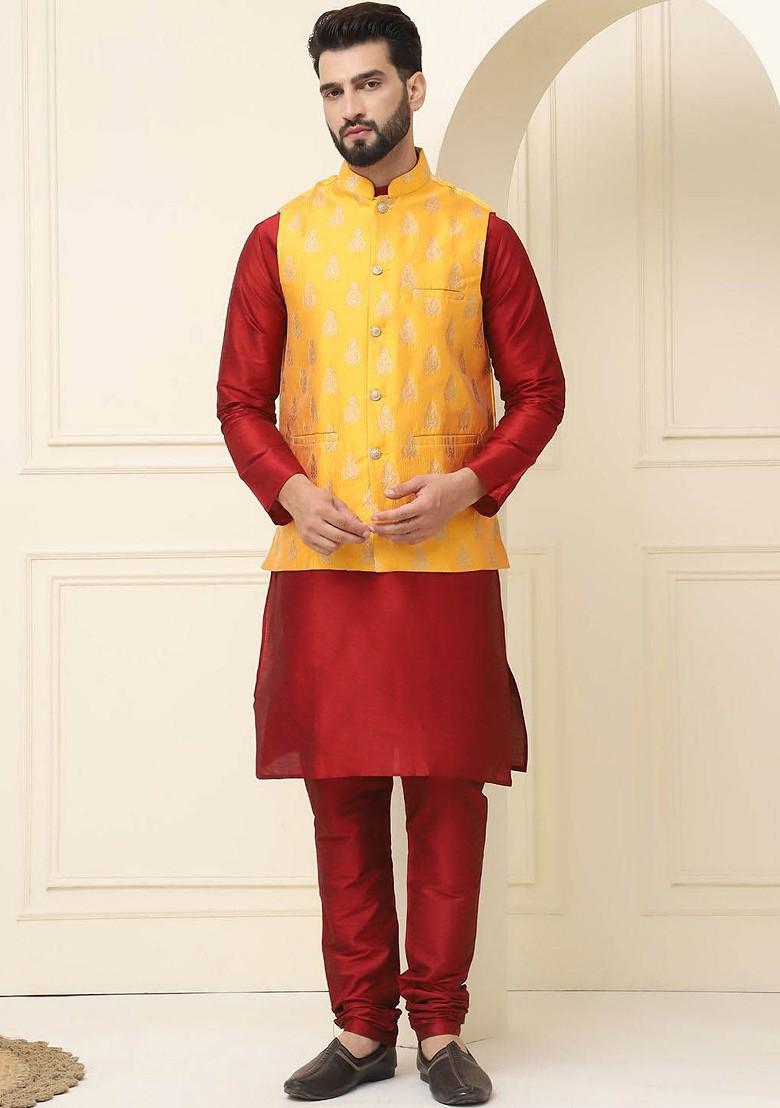 Maroon Woven Cotton Kurta Set For Men