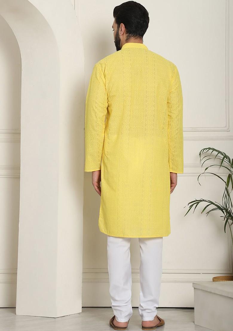 Yellow Thread Work Cotton Kurta Set For Men