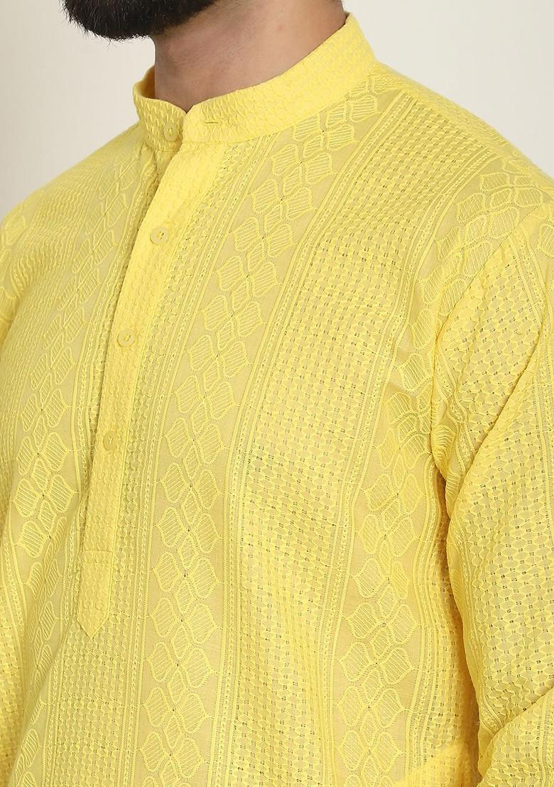 Yellow Thread Work Cotton Kurta Set For Men