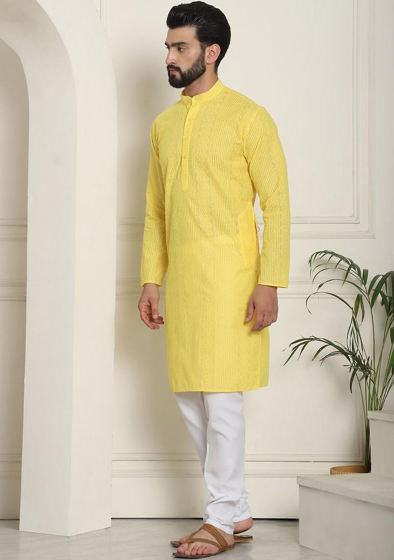 Yellow Thread Work Cotton Kurta Set For Men