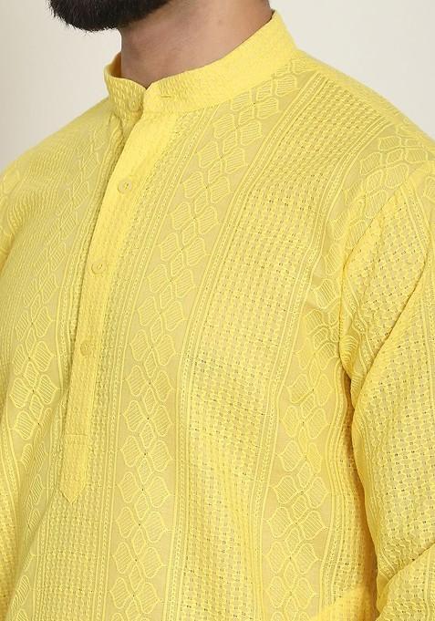 Yellow Thread Work Cotton Kurta Set For Men