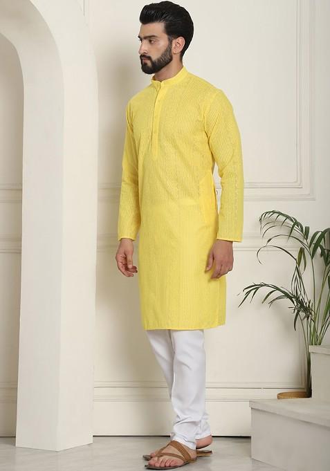 Yellow Thread Work Cotton Kurta Set For Men