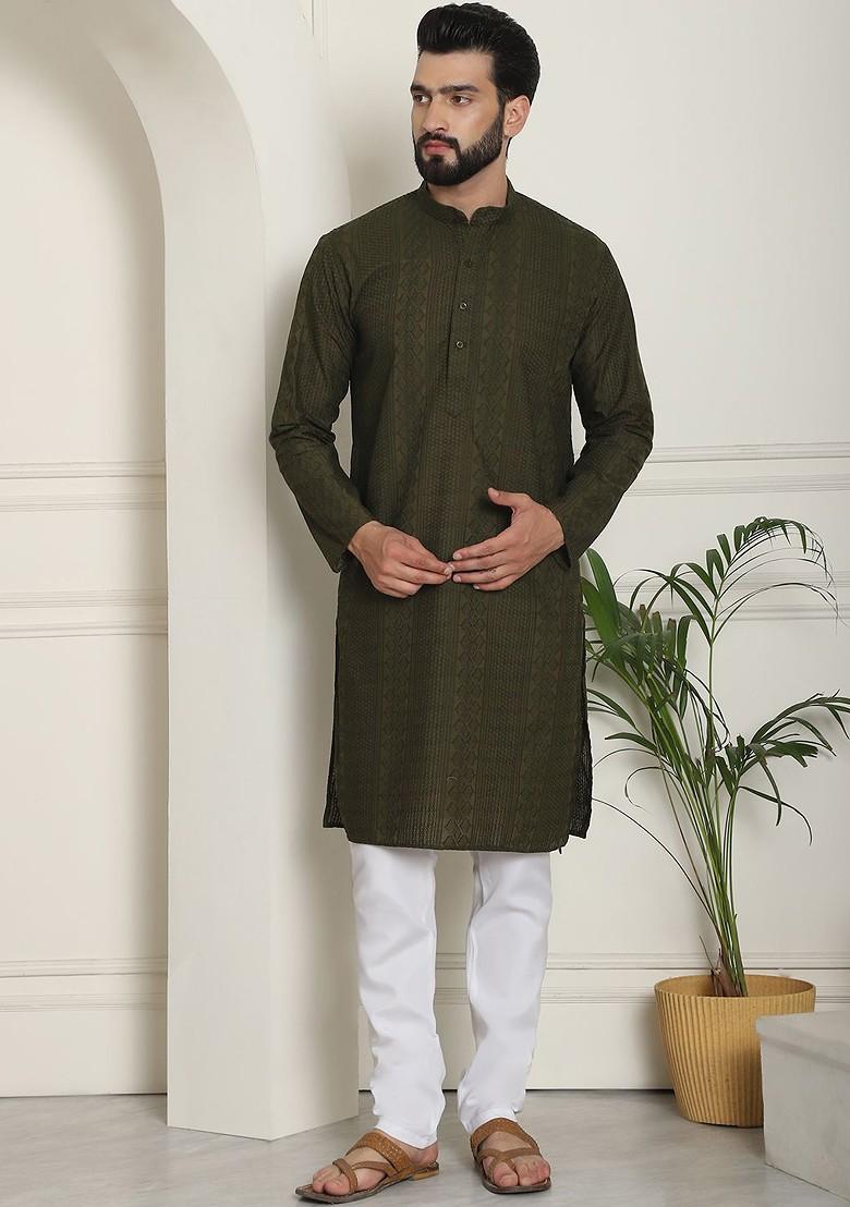 Green Thread Work Cotton Kurta Set For Men