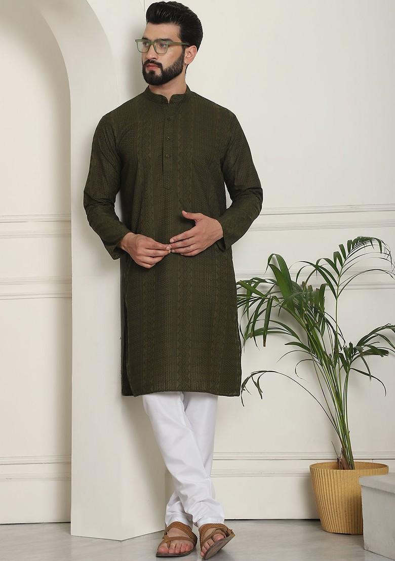 Green Thread Work Cotton Kurta Set For Men
