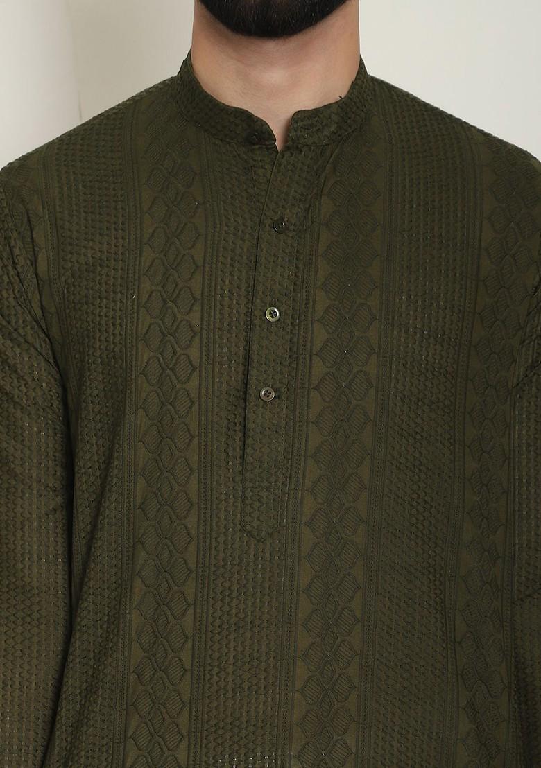 Green Thread Work Cotton Kurta Set For Men