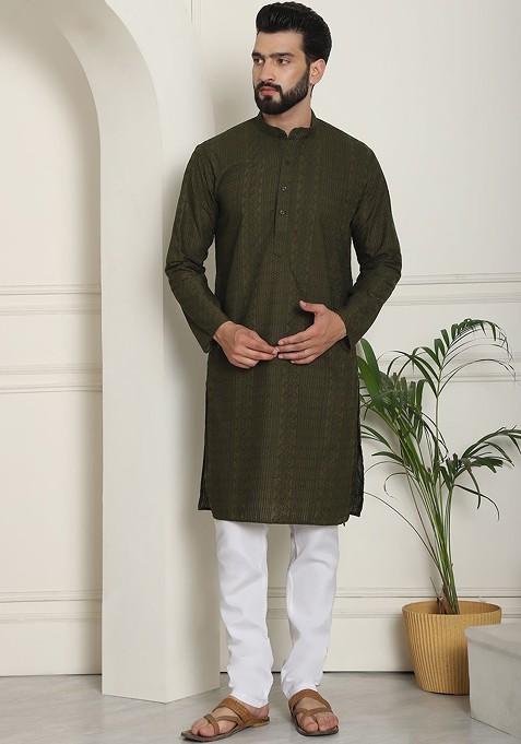 Green Thread Work Cotton Kurta Set For Men