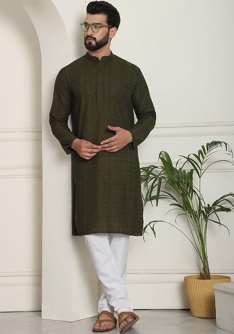 Green Thread Work Cotton Kurta Set For Men