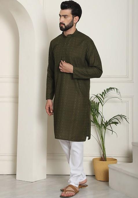 Green Thread Work Cotton Kurta Set For Men