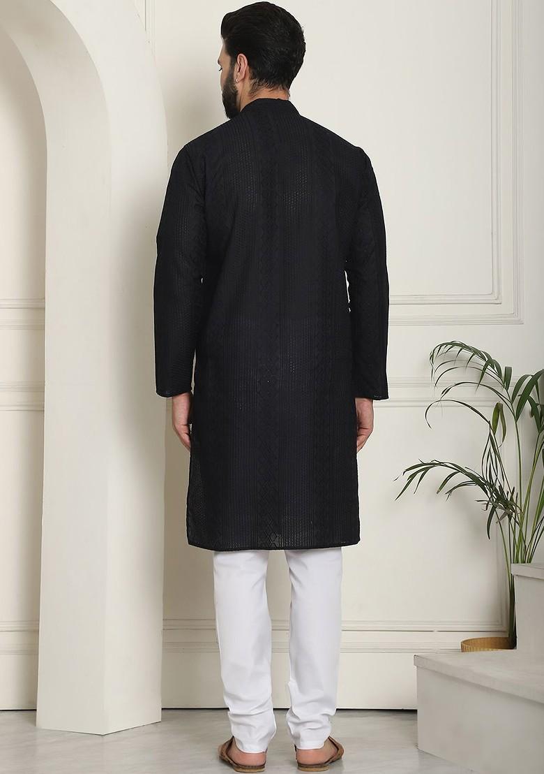 Black Thread Work Cotton Kurta Set For Men
