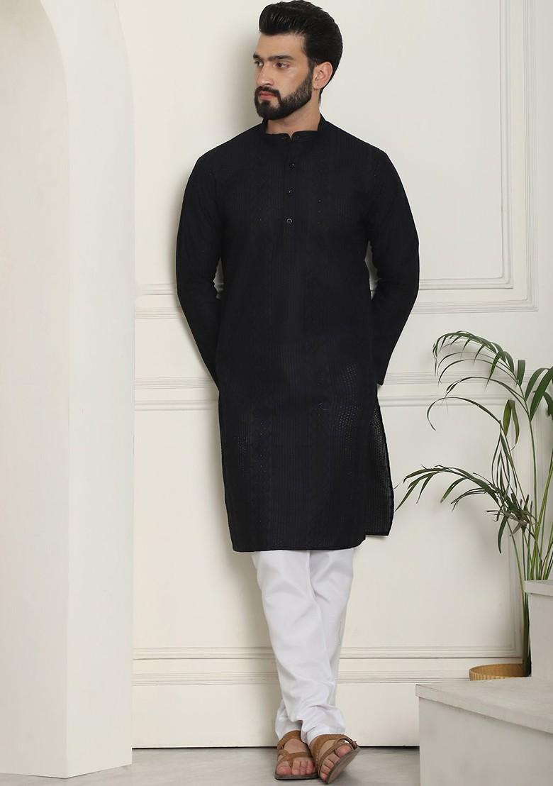 Black Thread Work Cotton Kurta Set For Men