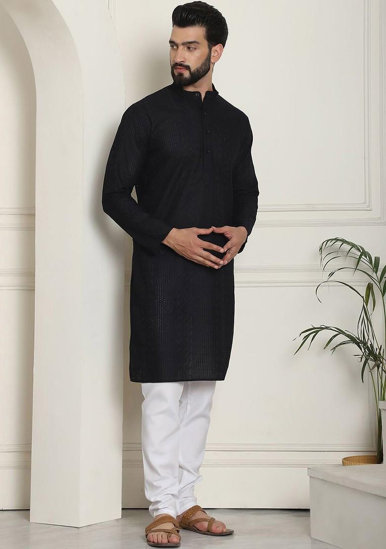 Black Thread Work Cotton Kurta Set For Men