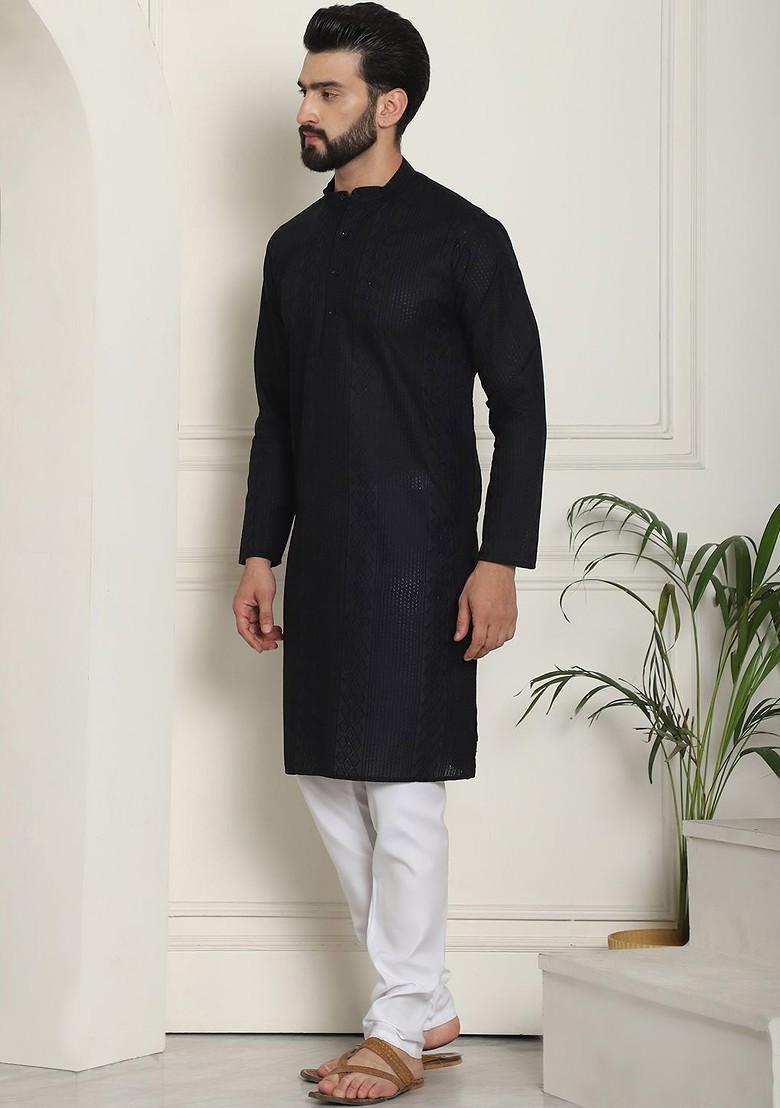 Black Thread Work Cotton Kurta Set For Men