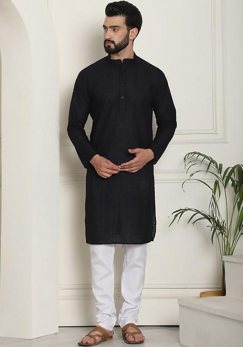 Black Thread Work Cotton Kurta Set For Men