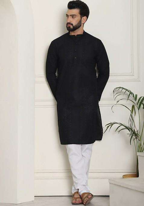 Black Thread Work Cotton Kurta Set For Men