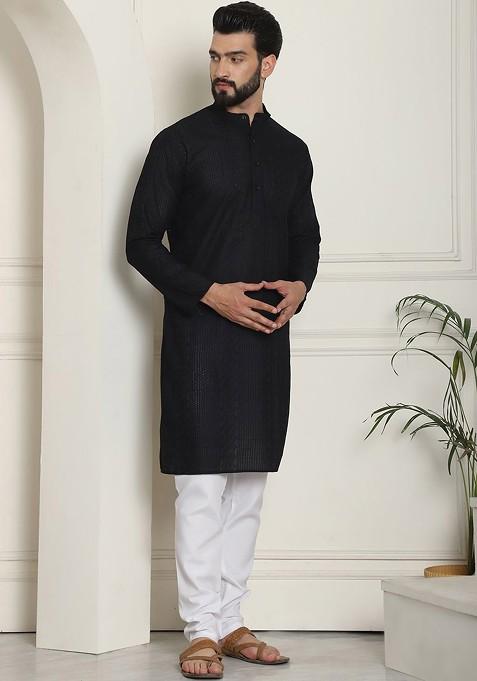 Black Thread Work Cotton Kurta Set For Men