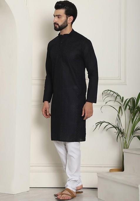 Black Thread Work Cotton Kurta Set For Men