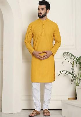 Mustard Thread Work Cotton Kurta Set For Men