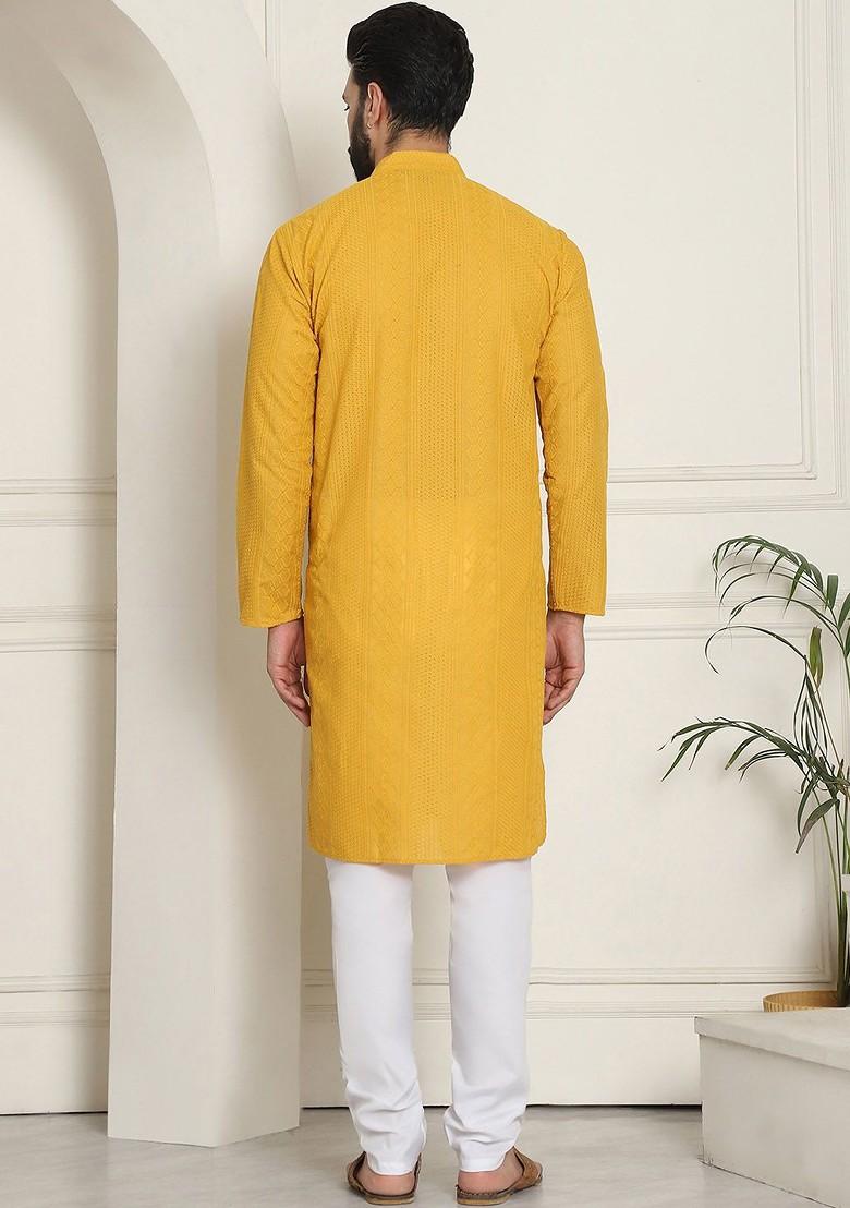 Mustard Thread Work Cotton Kurta Set For Men