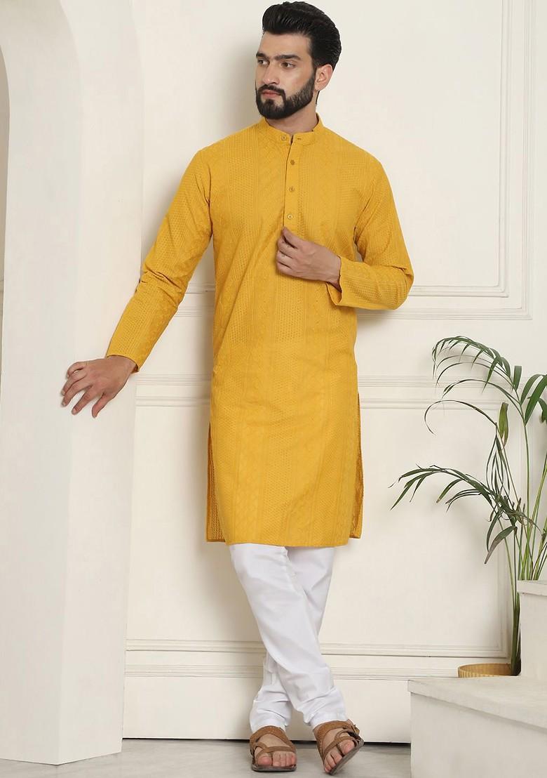 Mustard Thread Work Cotton Kurta Set For Men