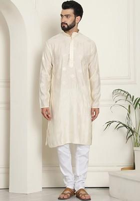 Cream Embroidered Cotton Kurta Set For Men