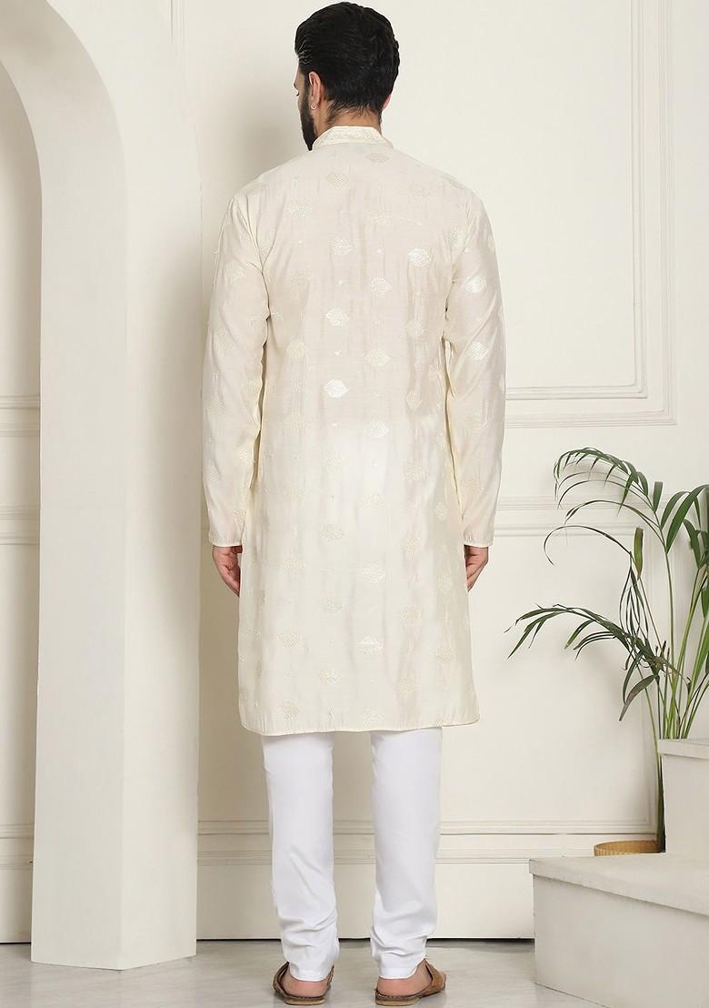 Cream Embroidered Cotton Kurta Set For Men
