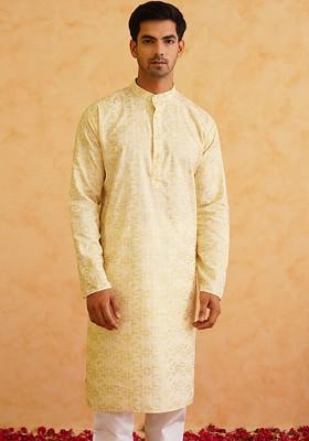 Yellow Woven Cotton Kurta Set For Men