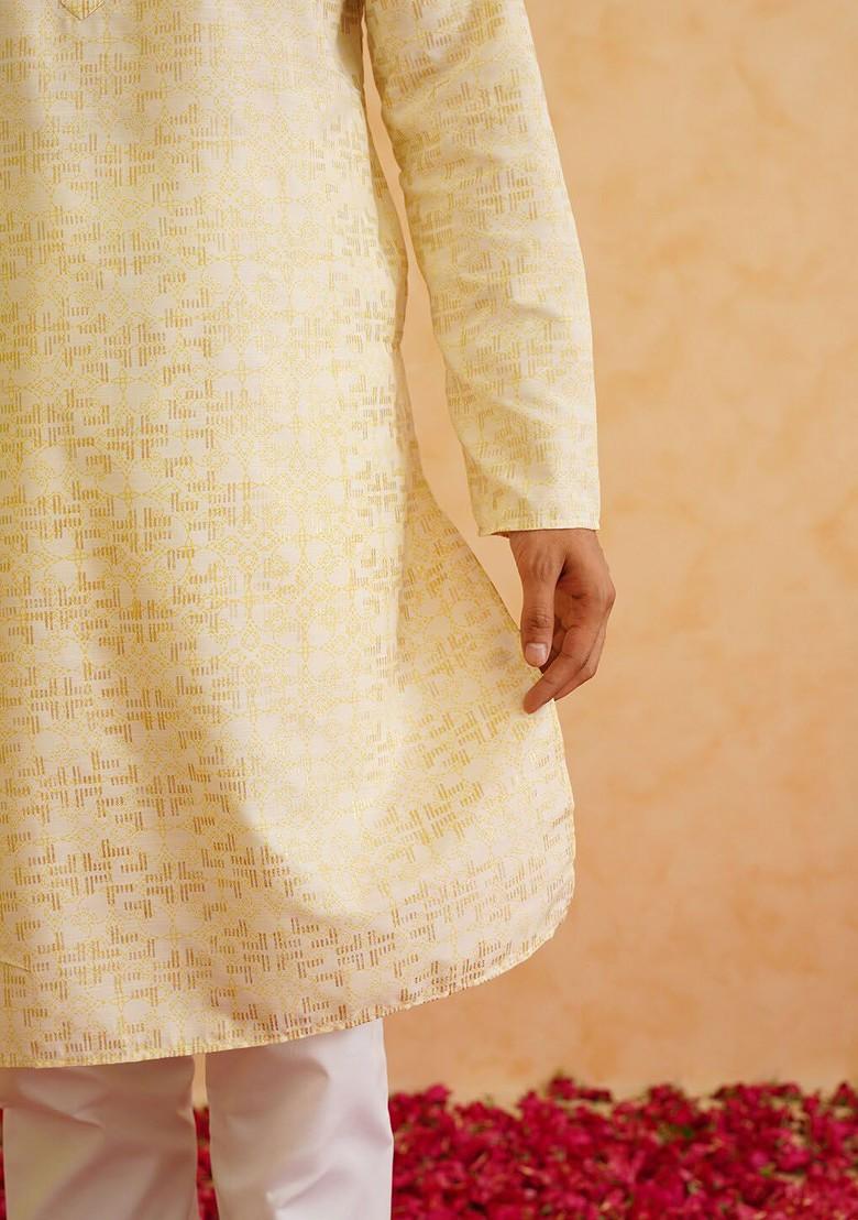 Yellow Woven Cotton Kurta Set For Men